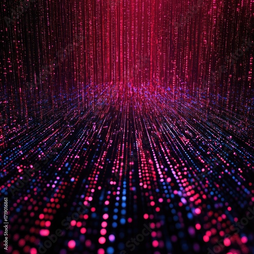 Abstract digital landscape with glowing,  vertical and horizontal lines of  pink and blue light,  dark background