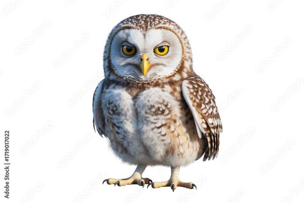 Fototapeta premium A grumpy-looking short-eared owl, digitally rendered, with intense yellow eyes and detailed plumage. background removed