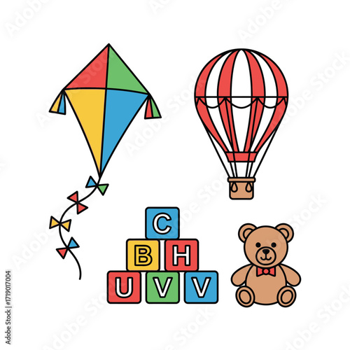 Colorful Toy Collection Kite Hot Air Balloon Blocks and Teddy Bear