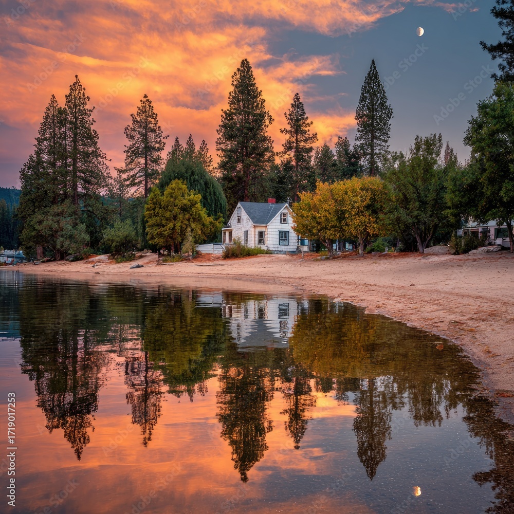 Obraz premium Lakeside cabin at sunset, reflected in calm water