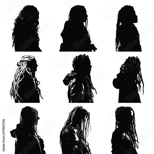 Collection of diverse black and white dreadlock hairstyles silhouette set isolated on white background