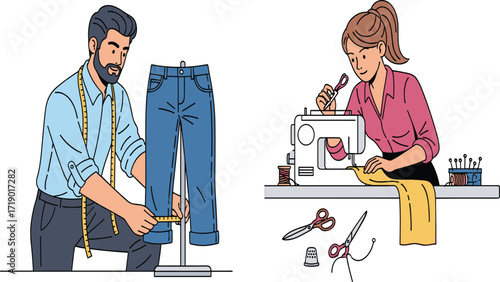 Tailor measuring pants for fitting, seamstress sewing fabric with machine, professional clothing design, fashion industry work, handmade garment alteration service
