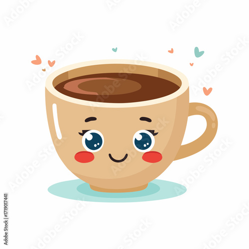 Cute coffee cup smiles with rosy cheeks, sitting on a blue puddle with floating hearts, creating a cheerful and inviting atmosphere.