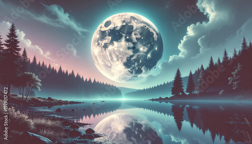 Mystical Moonlight Lake Scene in a Forest.