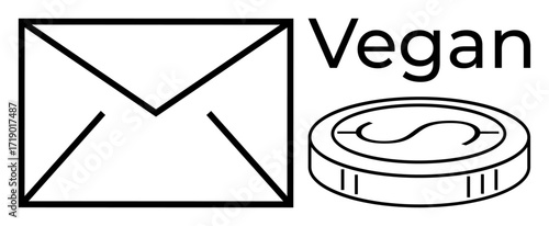 Envelope, coin with dollar sign, and text Vegan emphasizing sustainability, currency, and eco-conscious living. Ideal for finance, communication, veganism, ethical business minimalism marketing