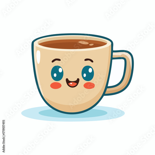 Cute coffee cup smiling cheerfully on a light blue surface, radiating warmth and happiness with its adorable expression.