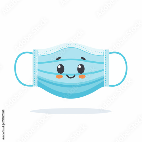Cute medical face mask smiling cheerfully on white surface promoting health and safety during pandemic with positive vibe.