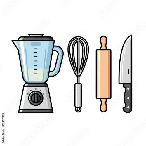 Collection of Kitchen Utensils and Appliances for Cooking and Baking