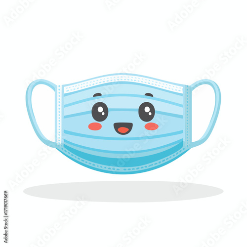 Cute cartoon face mask smiling cheerfully on white surface with rosy cheeks and big eyes, representing safety and health during pandemic.