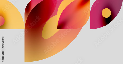 Abstract shapes overlap, creating warm color gradients. Yellows, reds, burgundy dominate composition. Minimalist design, modern aesthetic.