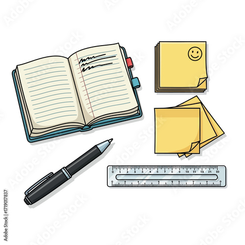 Open Notebook With Pen Ruler And Sticky Notes For Studying And Organization