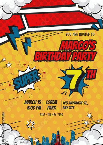Comic style superhero 7th birthday invitation template in pop art design
