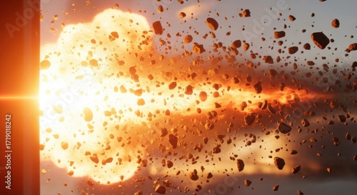Explosive Destruction Blasting Rock Debris into Air