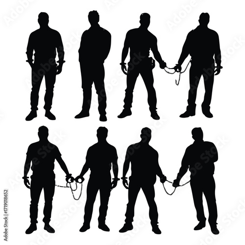 Collection of black and white handcuff silhouettes isolated on a white background isolated on white background