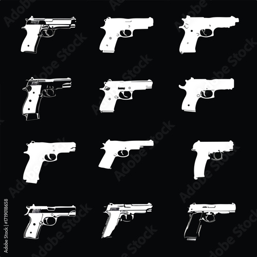 Collection of handgun silhouettes black and white isolated on white background