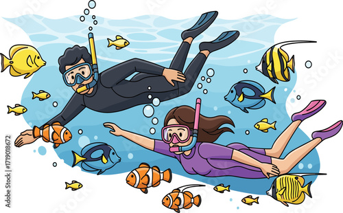 Snorkeling underwater adventure with tropical fish, man and woman swimming in ocean, coral reef exploration, vibrant marine life scene