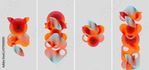 Abstract artwork featuring layered, colorful shapes. Warm tones blend with cool blues, creating dynamic compositions. Panels display evolving forms.