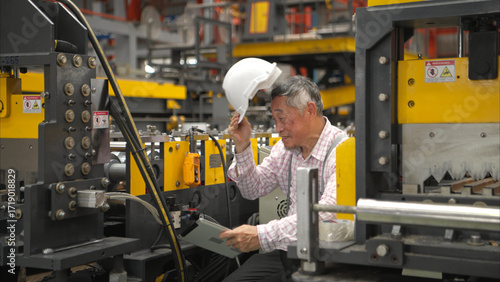Senior experienced technician checking large machine on a production line