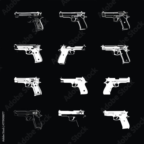 Collection of handgun silhouettes in black and white isolated on white background
