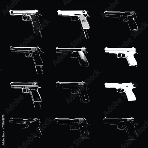 Collection of handgun silhouettes in black and white isolated on white background