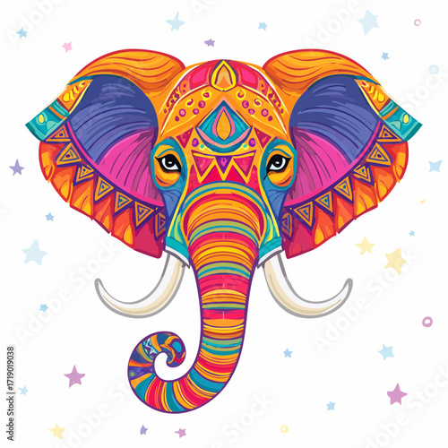 Colorful elephant head stares forward with intricate patterns and vibrant colors on white backdrop, creating a whimsical and artistic vibe.