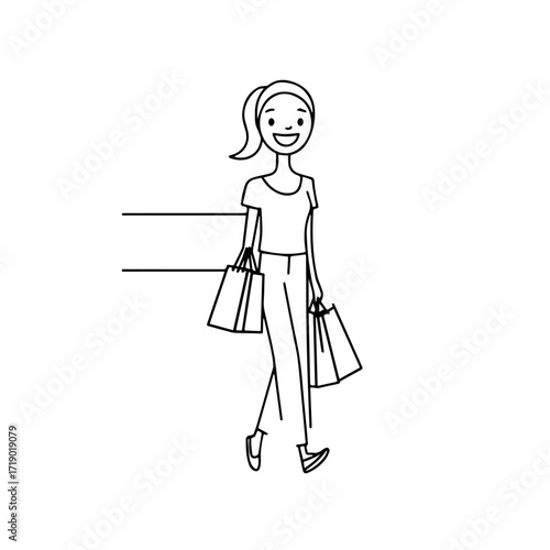 Black and white line art of a beautiful happy woman carrying shopping bags minimalist cheerful illustration