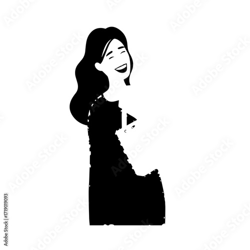 Black and white line art of a beautiful happy woman carrying shopping bags minimalist cheerful illustration