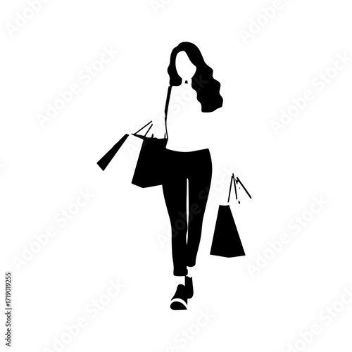Black and white line art of a beautiful happy woman carrying shopping bags minimalist cheerful illustration
