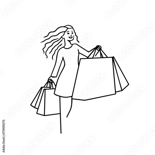 Black and white line art of a beautiful happy woman carrying shopping bags minimalist cheerful illustration