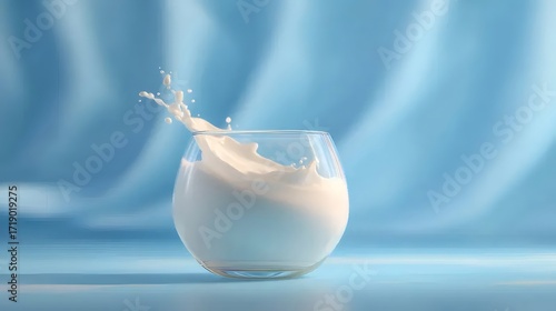 ミルクが飛び散る透明なグラス、青い背景