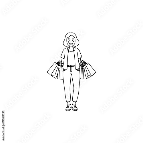 Black and white line art of a beautiful happy woman carrying shopping bags minimalist cheerful illustration
