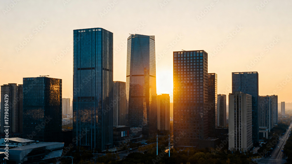 Fototapeta premium Sunset behind modern skyscrapers