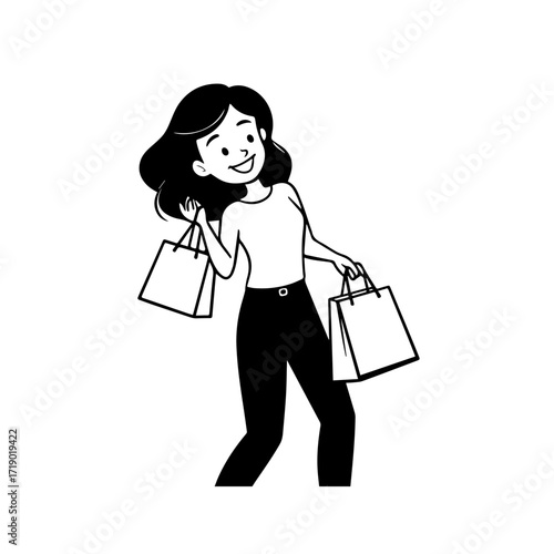 Black and white line art of a beautiful happy woman carrying shopping bags minimalist cheerful illustration
