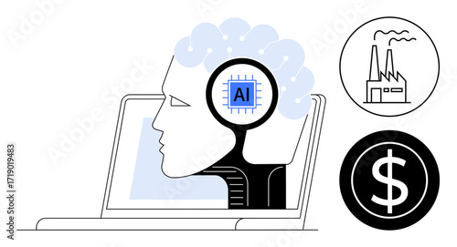 Human-thumbs up AI brain on a laptop symbolizes technology integration. Factory and dollar icons highlight industry and economic impact. Ideal for innovation, AI, industry, economy, business, growth