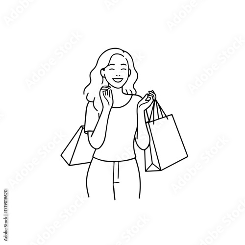 Black and white line art of a beautiful happy woman carrying shopping bags minimalist cheerful illustration