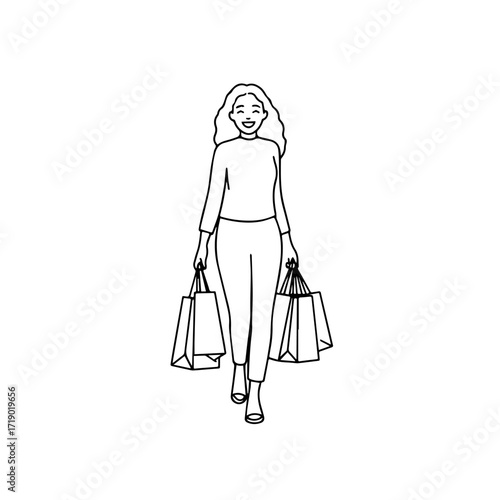Black and white line art of a beautiful happy woman carrying shopping bags minimalist cheerful illustration