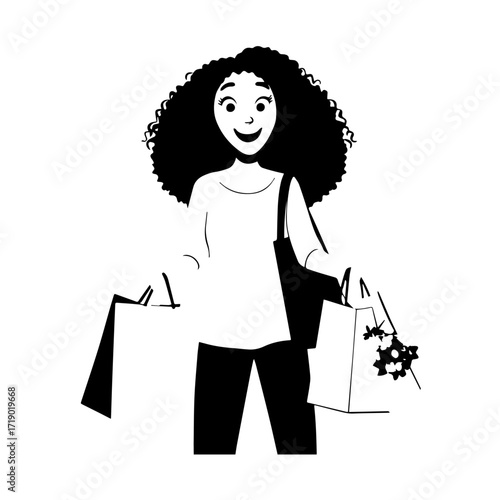 Black and white line art of a beautiful happy woman carrying shopping bags minimalist cheerful illustration