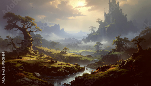 Misty Valley with Ancient Castle and Lush Trees.