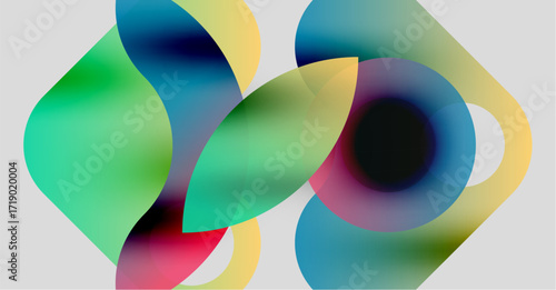Abstract composition featuring overlapping colorful circles. Soft gradients create fluid shapes, blending hues seamlessly. Minimalist design, modern aesthetic.