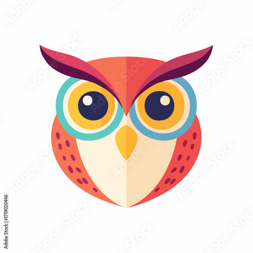 Stylized owl stares intently with bright colors and geometric shapes against a white backdrop, creating a modern and playful image.
