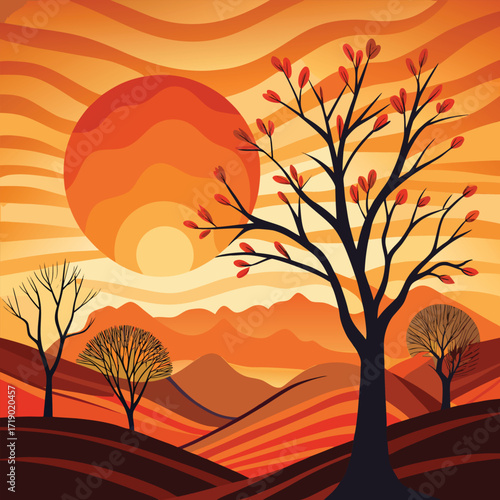 Stylized autumn landscape with a large sun and silhouetted trees