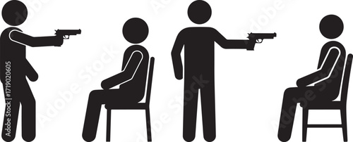 Two figures aiming guns at seated figures silhouette