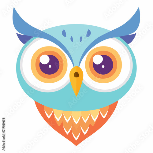 Cute cartoon owl stares intently with bright eyes and colorful plumage against a white backdrop, showcasing whimsical charm and playful artistry.