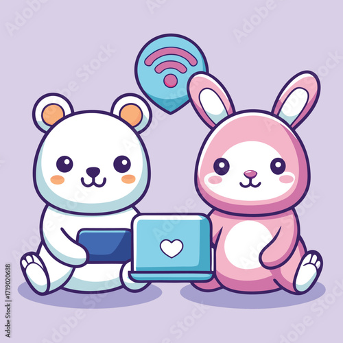 adorable bear and rabbit sitting with laptops
