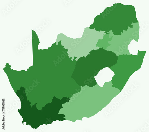 Map of South Africa with regions. Just a simple country border map with region division. Green color palette. Flat South Africa shape with administrative division. Vector illustration.