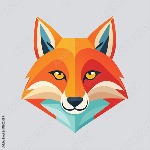 Fox stares intently with geometric shapes creating a modern and stylized animal portrait on a light gray backdrop, showcasing a contemporary artistic style.