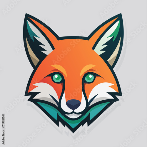 Fox head stares intensely with bright green eyes against a clean white backdrop, showcasing vibrant orange fur and stylized features in a modern, appealing style.