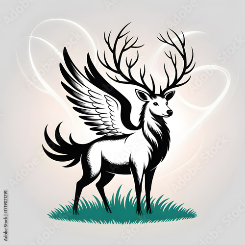 Majestic winged deer stands gracefully amidst green grass woodland creature mythical forest animal artistic rendering fantasy concept