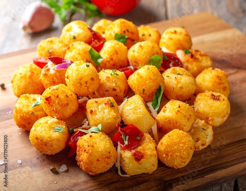 Crispy potato bites on wooden board