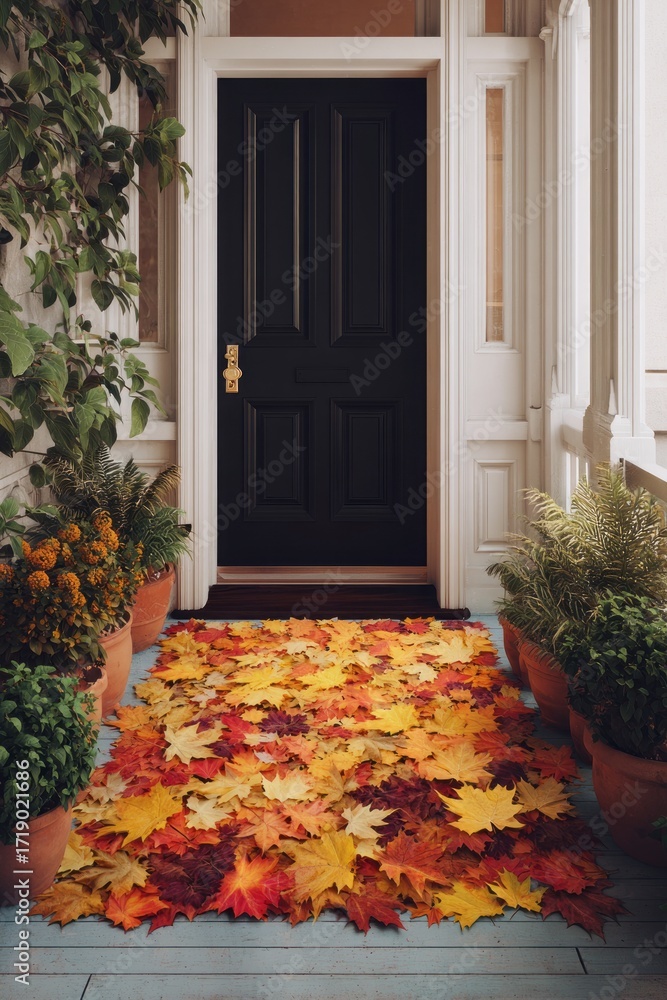 Fototapeta premium Autumn leaves scattered on a porch with elegant black door and potted plants. concept of autumn home decor